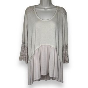 New Directions Boho Tan Beige Crochet Lace Flowy Ruffle High Low Top Women Large